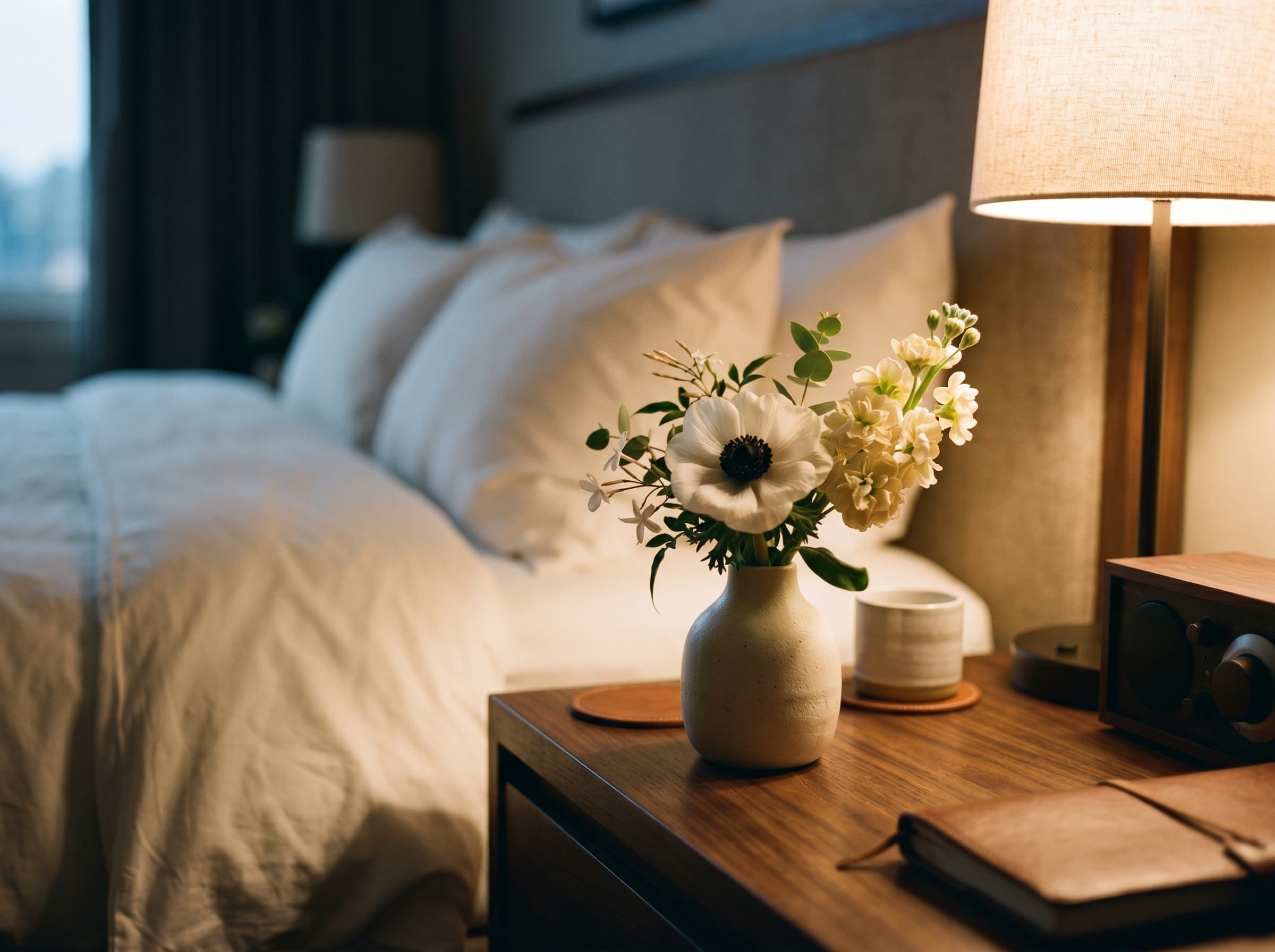 Small arrangement in a bone ceramic vessel on a hotel nightstand, warm lamp glow
